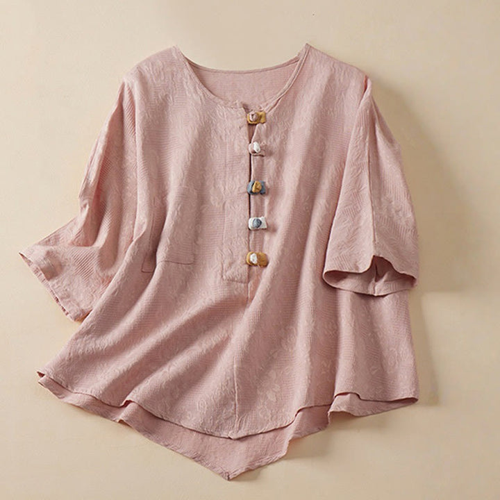 Buddha Stones Lässiges Damenhemd aus Baumwolle und Leinen mit Blumen- und Frosch-Knopfleiste und halblangen Ärmeln - Rosa - US8-10, UK/AU12-14,EU40-42 (2XL) - image 4