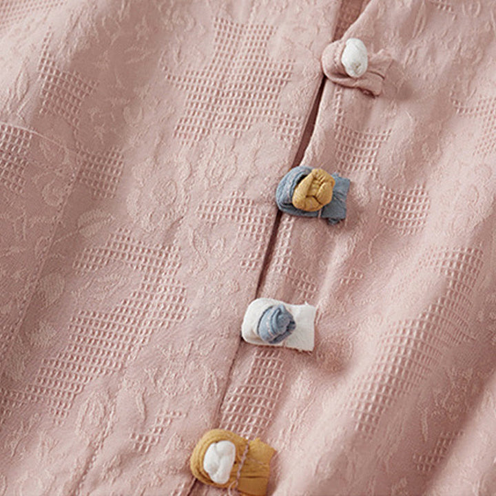 Buddha Stones Lässiges Damenhemd aus Baumwolle und Leinen mit Blumen- und Frosch-Knopfleiste und halblangen Ärmeln - image 7