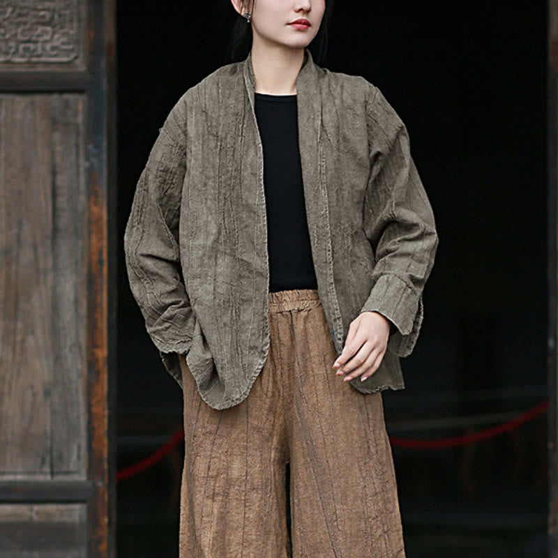 Buddha Stones Einfarbige Batik-Langarm-Zen-Meditationsjacke mit offener Vorderseite