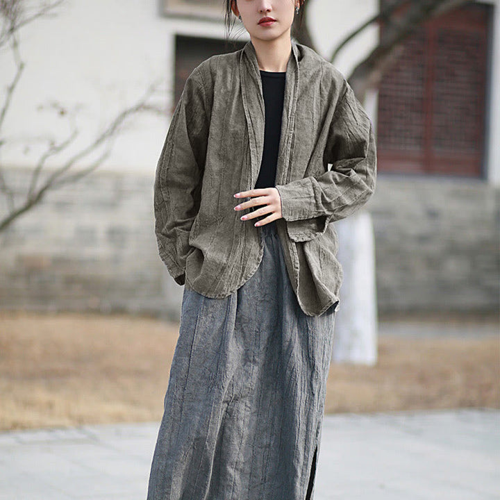 Buddha Stones Einfarbige Batik-Langarm-Zen-Meditationsjacke mit offener Vorderseite