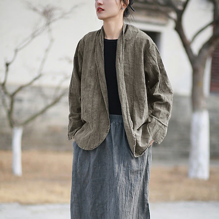 Buddha Stones Einfarbige Batik-Langarm-Zen-Meditationsjacke mit offener Vorderseite