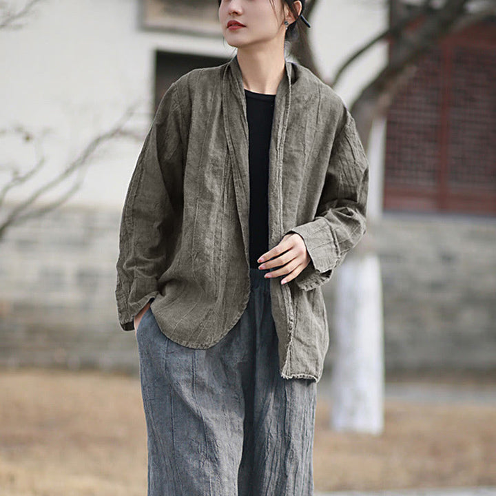 Buddha Stones Einfarbige Batik-Langarm-Zen-Meditationsjacke mit offener Vorderseite