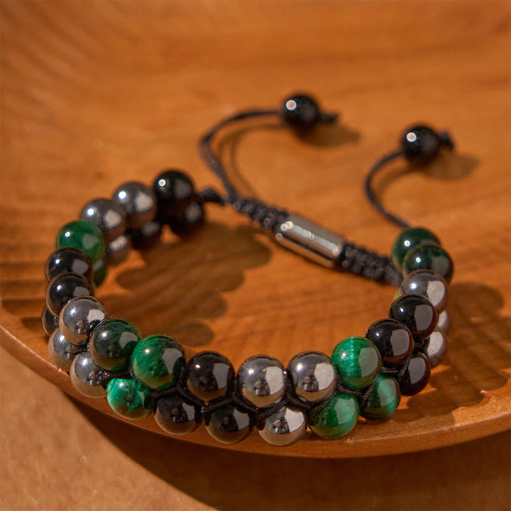 Buddha Stones Natürliches grünes Tigerauge, schwarzer Magnetit, schwarzer Obsidian, zweireihige Perlen, positives Armband