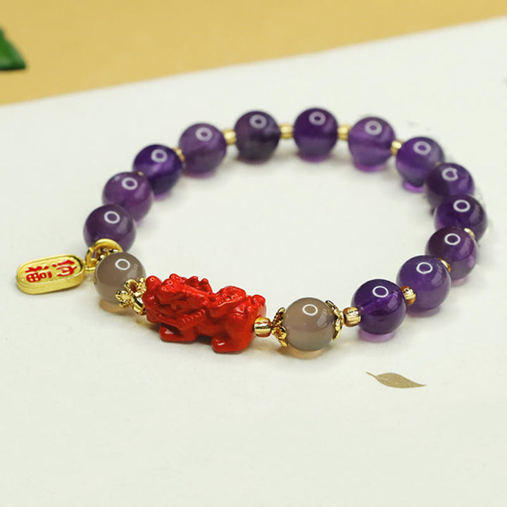 Buddha Stones Natürlicher Amethyst Zinnober Pi Xiu Fu Charakter Balance Armband