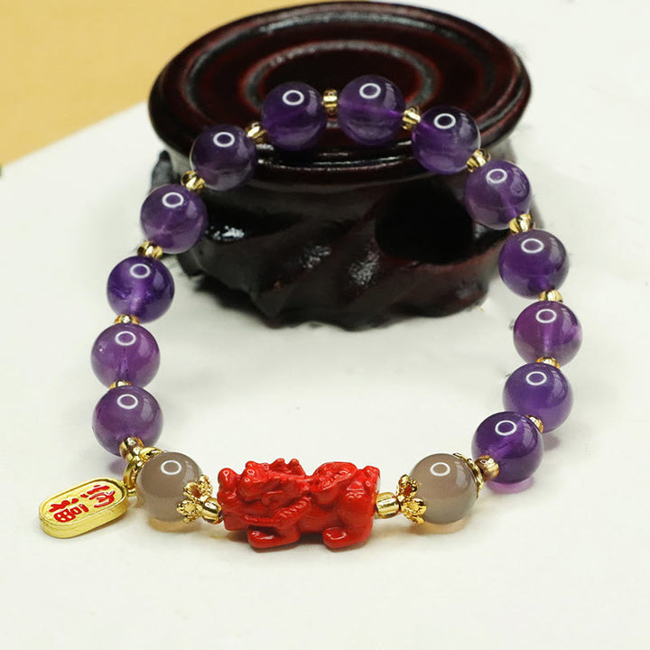 Buddha Stones Natürlicher Amethyst Zinnober Pi Xiu Fu Charakter Balance Armband
