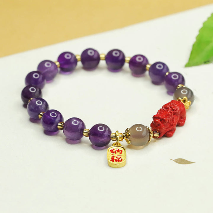 Buddha Stones Natürlicher Amethyst Zinnober Pi Xiu Fu Charakter Balance Armband