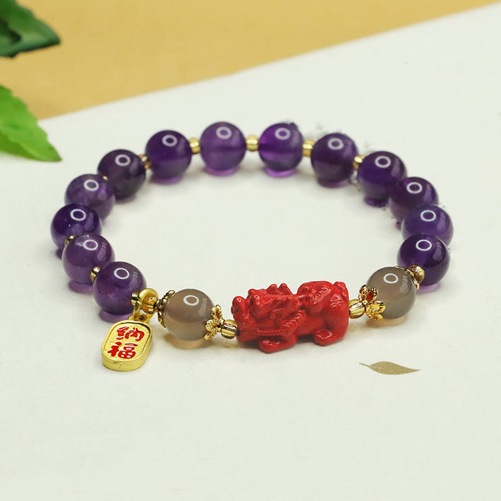 Buddha Stones Natürlicher Amethyst Zinnober Pi Xiu Fu Charakter Balance Armband
