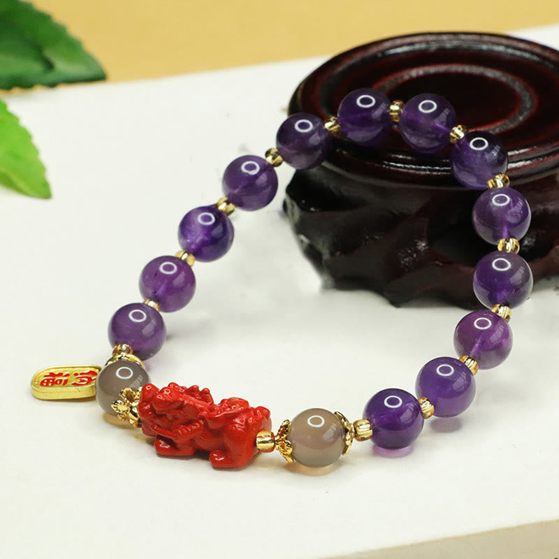 Buddha Stones Natürlicher Amethyst Zinnober Pi Xiu Fu Charakter Balance Armband