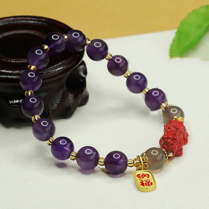 Buddha Stones Natürlicher Amethyst Zinnober Pi Xiu Fu Charakter Balance Armband