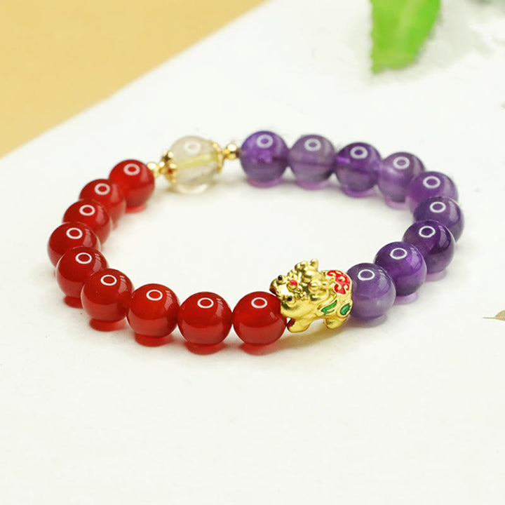 Buddha Stones Natürlicher Amethyst Achat Pi Xiu Balance Armband