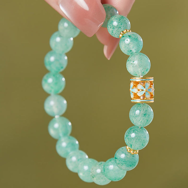 Buddha Stones 925 Sterling Silber Grüne Erdbeerquarz Blume Ruhe Armband