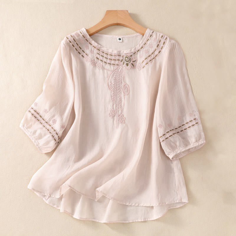 Buddha Stones Damen-Hemd aus Baumwollleinen mit Rundhalsausschnitt und Hohldesign, halblange Ärmel