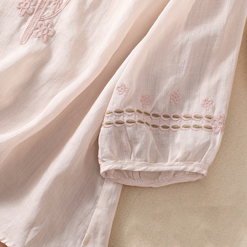 Buddha Stones Damen-Hemd aus Baumwollleinen mit Rundhalsausschnitt und Hohldesign, halblange Ärmel