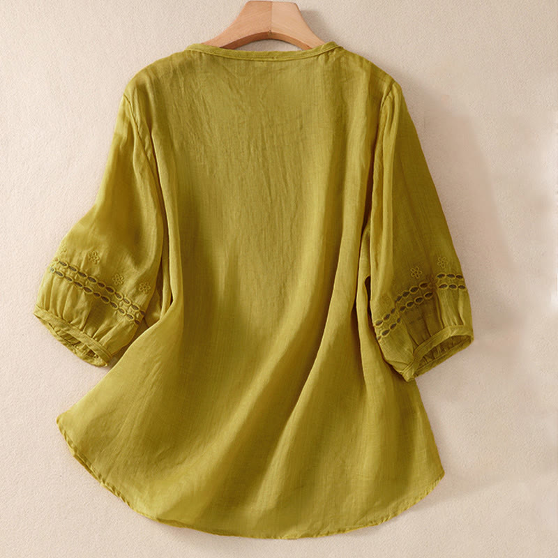 Buddha Stones Damen-Hemd aus Baumwollleinen mit Rundhalsausschnitt und Hohldesign, halblange Ärmel