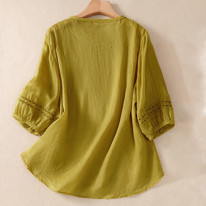 Buddha Stones Damen-Hemd aus Baumwollleinen mit Rundhalsausschnitt und Hohldesign, halblange Ärmel