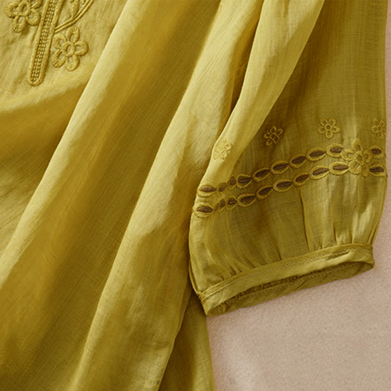 Buddha Stones Damen-Hemd aus Baumwollleinen mit Rundhalsausschnitt und Hohldesign, halblange Ärmel