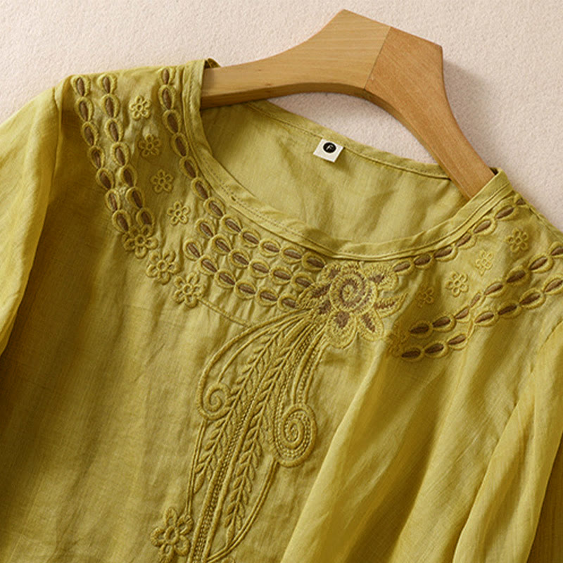 Buddha Stones Damen-Hemd aus Baumwollleinen mit Rundhalsausschnitt und Hohldesign, halblange Ärmel