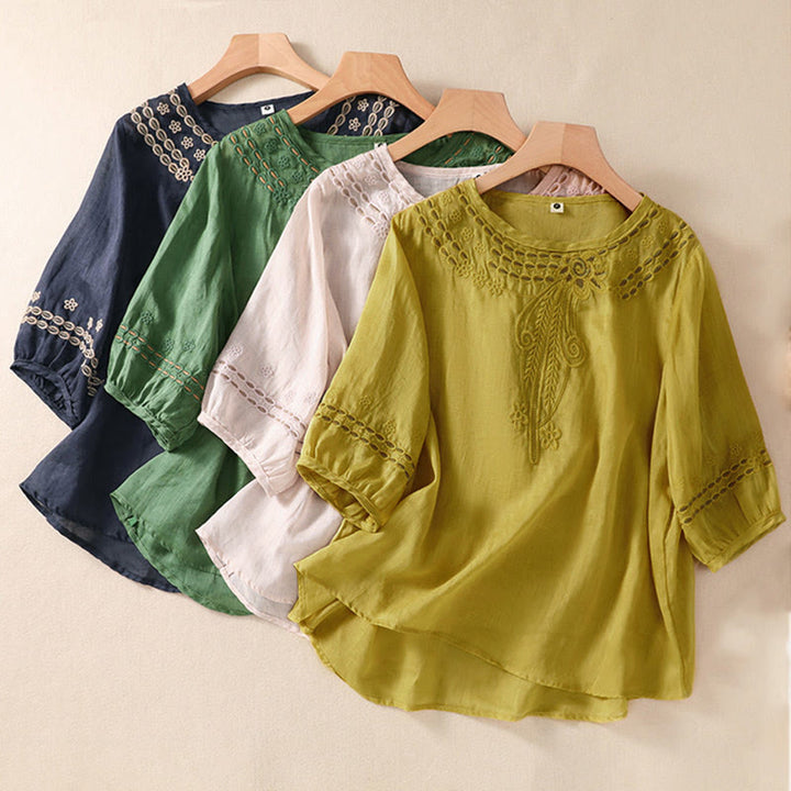 Buddha Stones Damen-Hemd aus Baumwollleinen mit Rundhalsausschnitt und Hohldesign, halblange Ärmel