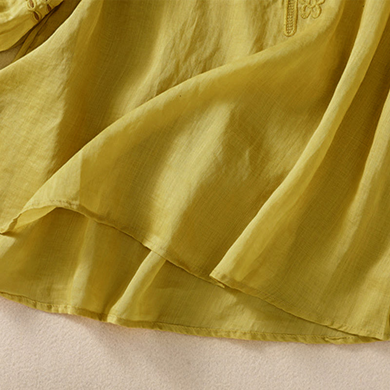 Buddha Stones Damen-Hemd aus Baumwollleinen mit Rundhalsausschnitt und Hohldesign, halblange Ärmel