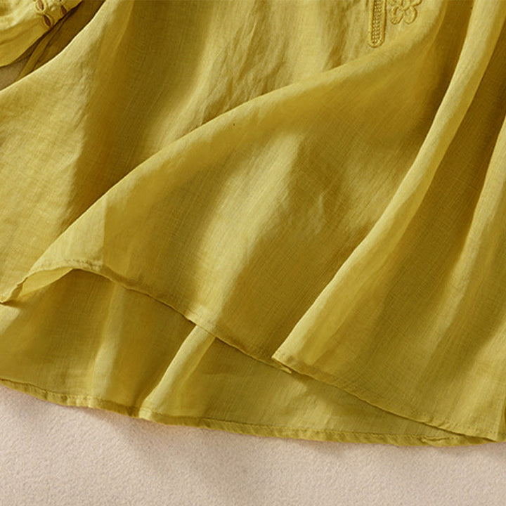 Buddha Stones Damen-Hemd aus Baumwollleinen mit Rundhalsausschnitt und Hohldesign, halblange Ärmel