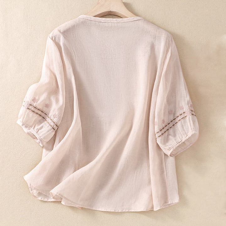 Buddha Stones Damen-Hemd aus Baumwollleinen mit Rundhalsausschnitt und Hohldesign, halblange Ärmel