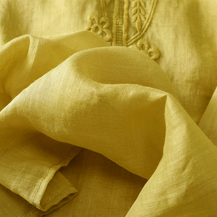 Buddha Stones Damen-Hemd aus Baumwollleinen mit Rundhalsausschnitt und Hohldesign, halblange Ärmel