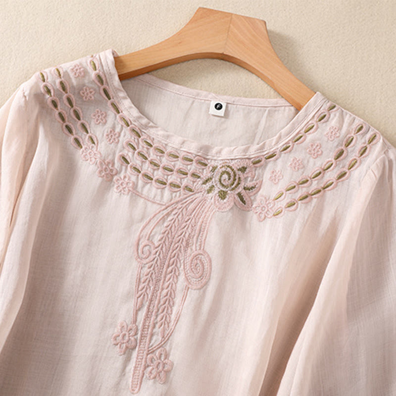 Buddha Stones Damen-Hemd aus Baumwollleinen mit Rundhalsausschnitt und Hohldesign, halblange Ärmel