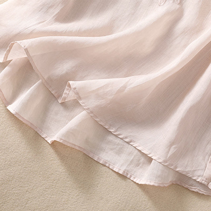 Buddha Stones Damen-Hemd aus Baumwollleinen mit Rundhalsausschnitt und Hohldesign, halblange Ärmel