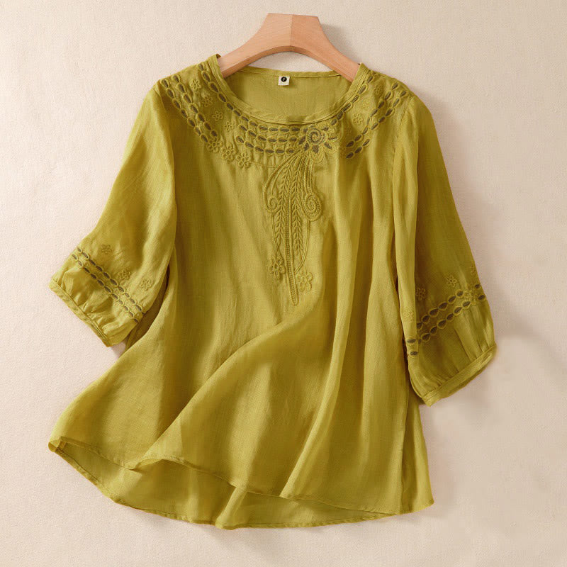 Buddha Stones Damen-Hemd aus Baumwollleinen mit Rundhalsausschnitt und Hohldesign, halblange Ärmel