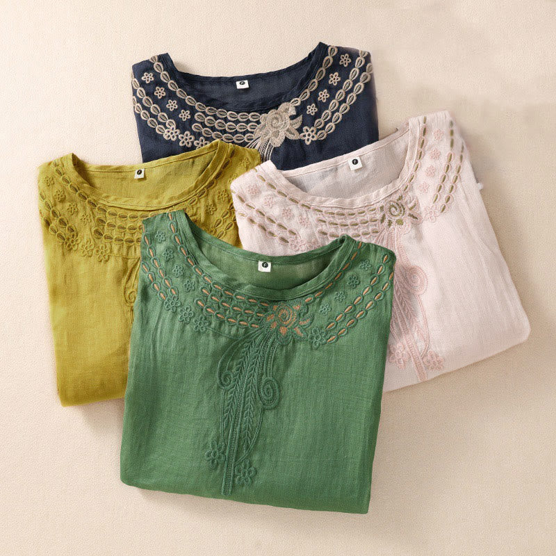 Buddha Stones Damen-Hemd aus Baumwollleinen mit Rundhalsausschnitt und Hohldesign, halblange Ärmel