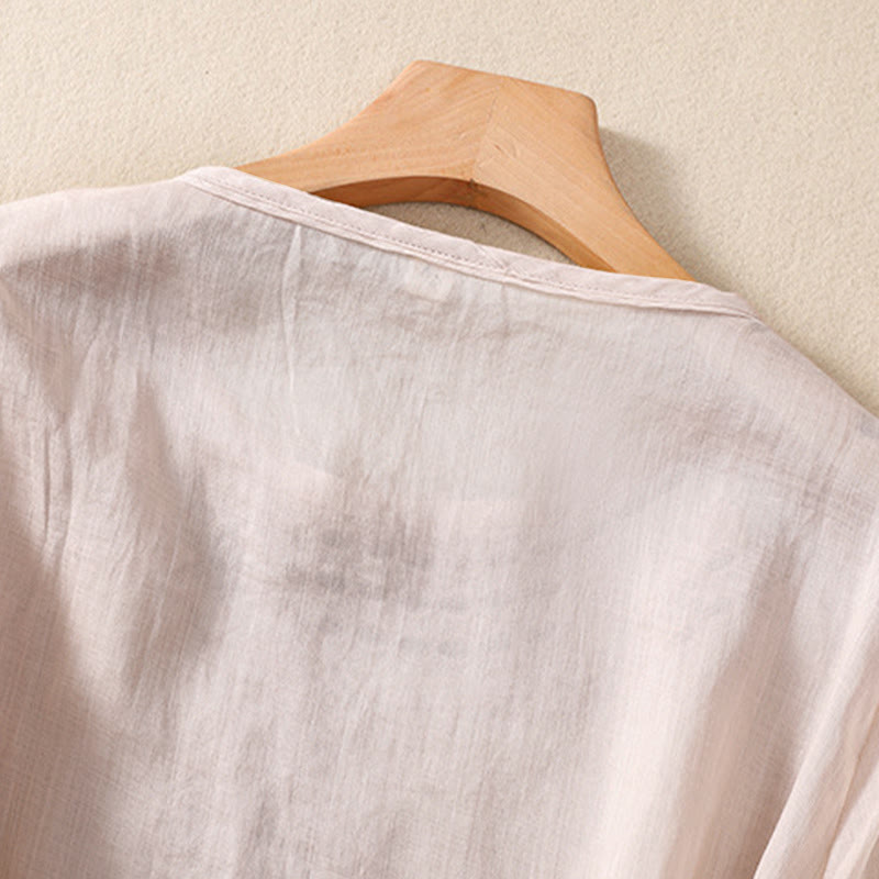 Buddha Stones Damen-Hemd aus Baumwollleinen mit Rundhalsausschnitt und Hohldesign, halblange Ärmel