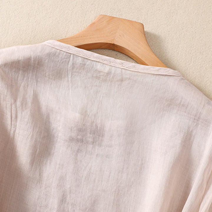 Buddha Stones Damen-Hemd aus Baumwollleinen mit Rundhalsausschnitt und Hohldesign, halblange Ärmel