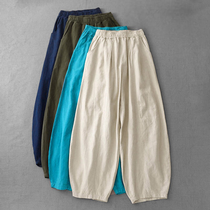 Buddha Stones Lässige, einfarbige Haremshose aus Baumwollleinen für Damen in Länge 7–8 mit Taschen