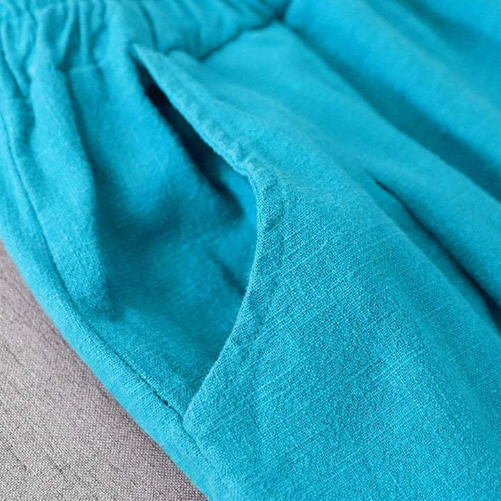 Buddha Stones Lässige, einfarbige Haremshose aus Baumwollleinen für Damen in Länge 7–8 mit Taschen