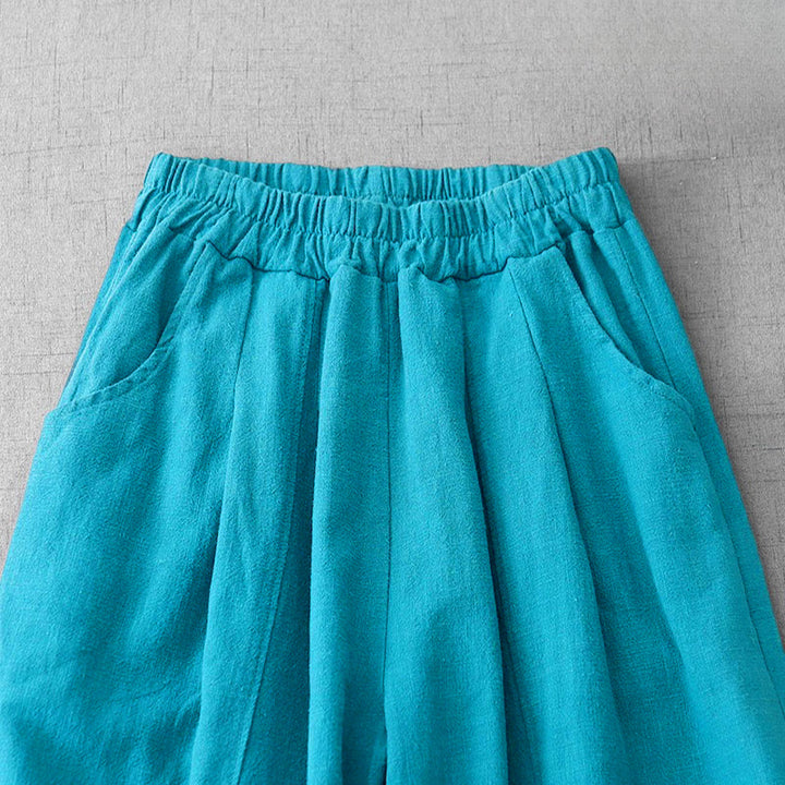 Buddha Stones Lässige, einfarbige Haremshose aus Baumwollleinen für Damen in Länge 7–8 mit Taschen