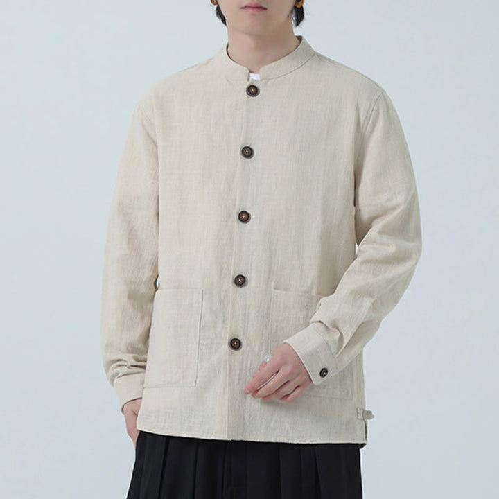 Buddha Stones Herren-Jacke mit Knopf, Ramie-Leinen, Baumwollfleece, gefüttert, mit Taschen - image 2