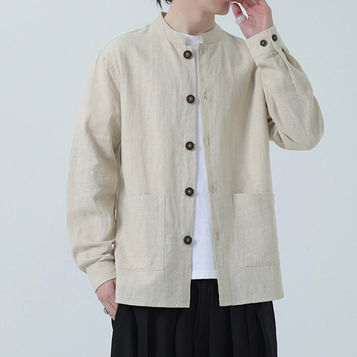 Buddha Stones Herren-Jacke mit Knopf, Ramie-Leinen, Baumwollfleece, gefüttert, mit Taschen - image 12