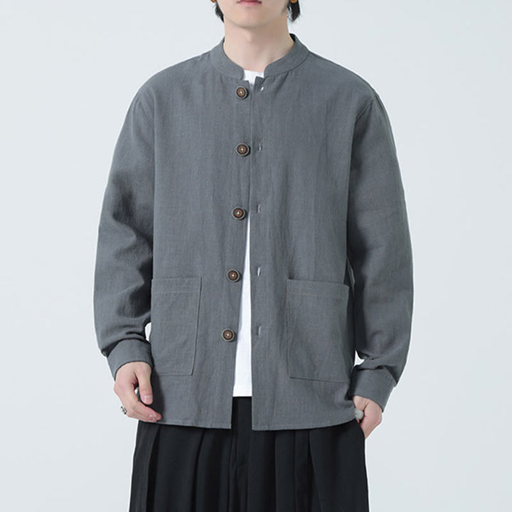 Buddha Stones Herren-Jacke mit Knopf, Ramie-Leinen, Baumwollfleece, gefüttert, mit Taschen - image 0