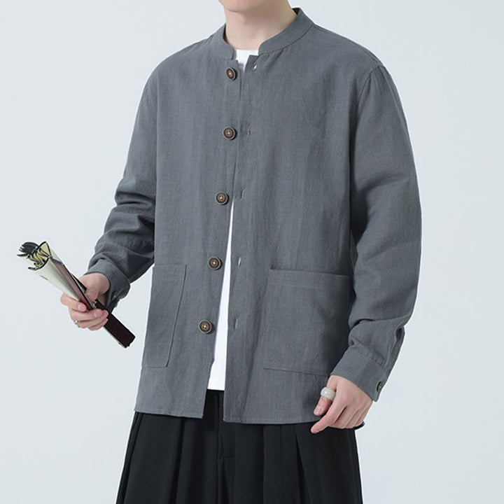 Buddha Stones Herren-Jacke mit Knopf, Ramie-Leinen, Baumwollfleece, gefüttert, mit Taschen - image 17
