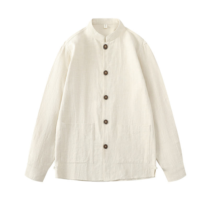 Buddha Stones Herren-Jacke mit Knopf, Ramie-Leinen, Baumwollfleece, gefüttert, mit Taschen - image 3