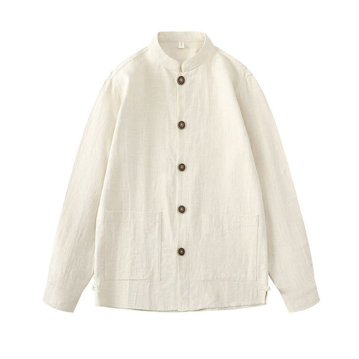 Buddha Stones Herren-Jacke mit Knopf, Ramie-Leinen, Baumwollfleece, gefüttert, mit Taschen - image 3