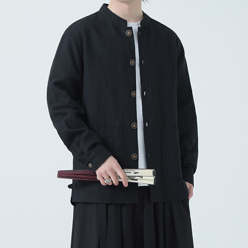 Buddha Stones Herren-Jacke mit Knopf, Ramie-Leinen, Baumwollfleece, gefüttert, mit Taschen - image 24