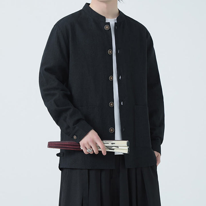 Buddha Stones Herren-Jacke mit Knopf, Ramie-Leinen, Baumwollfleece, gefüttert, mit Taschen - image 24