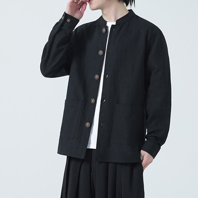 Buddha Stones Herren-Jacke mit Knopf, Ramie-Leinen, Baumwollfleece, gefüttert, mit Taschen - image 21