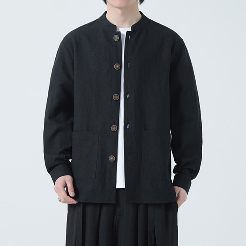 Buddha Stones Herren-Jacke mit Knopf, Ramie-Leinen, Baumwollfleece, gefüttert, mit Taschen - image 25