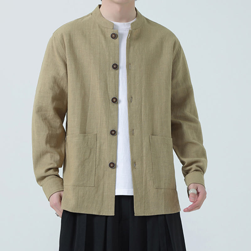 Buddha Stones Herren-Jacke mit Knopf, Ramie-Leinen, Baumwollfleece, gefüttert, mit Taschen - image 31