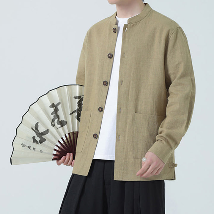 Buddha Stones Herren-Jacke mit Knopf, Ramie-Leinen, Baumwollfleece, gefüttert, mit Taschen - image 29