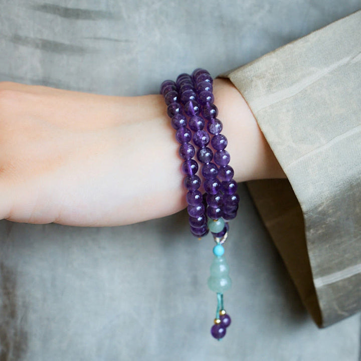 Buddha Stones, natürliche Amethyst-Perlen, Münze, hängender Kürbis, Chalcedon, Lotus-Balance, mehrschichtiges Armband