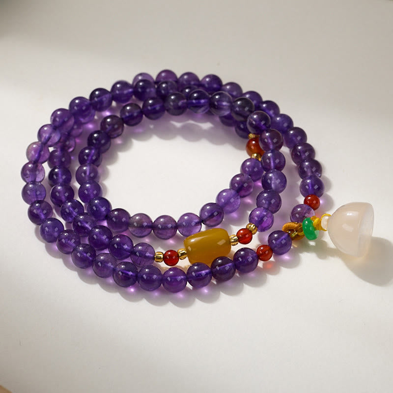 Buddha Stones, natürliche Amethyst-Perlen, Münze, hängender Kürbis, Chalcedon, Lotus-Balance, mehrschichtiges Armband
