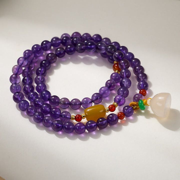 Buddha Stones, natürliche Amethyst-Perlen, Münze, hängender Kürbis, Chalcedon, Lotus-Balance, mehrschichtiges Armband